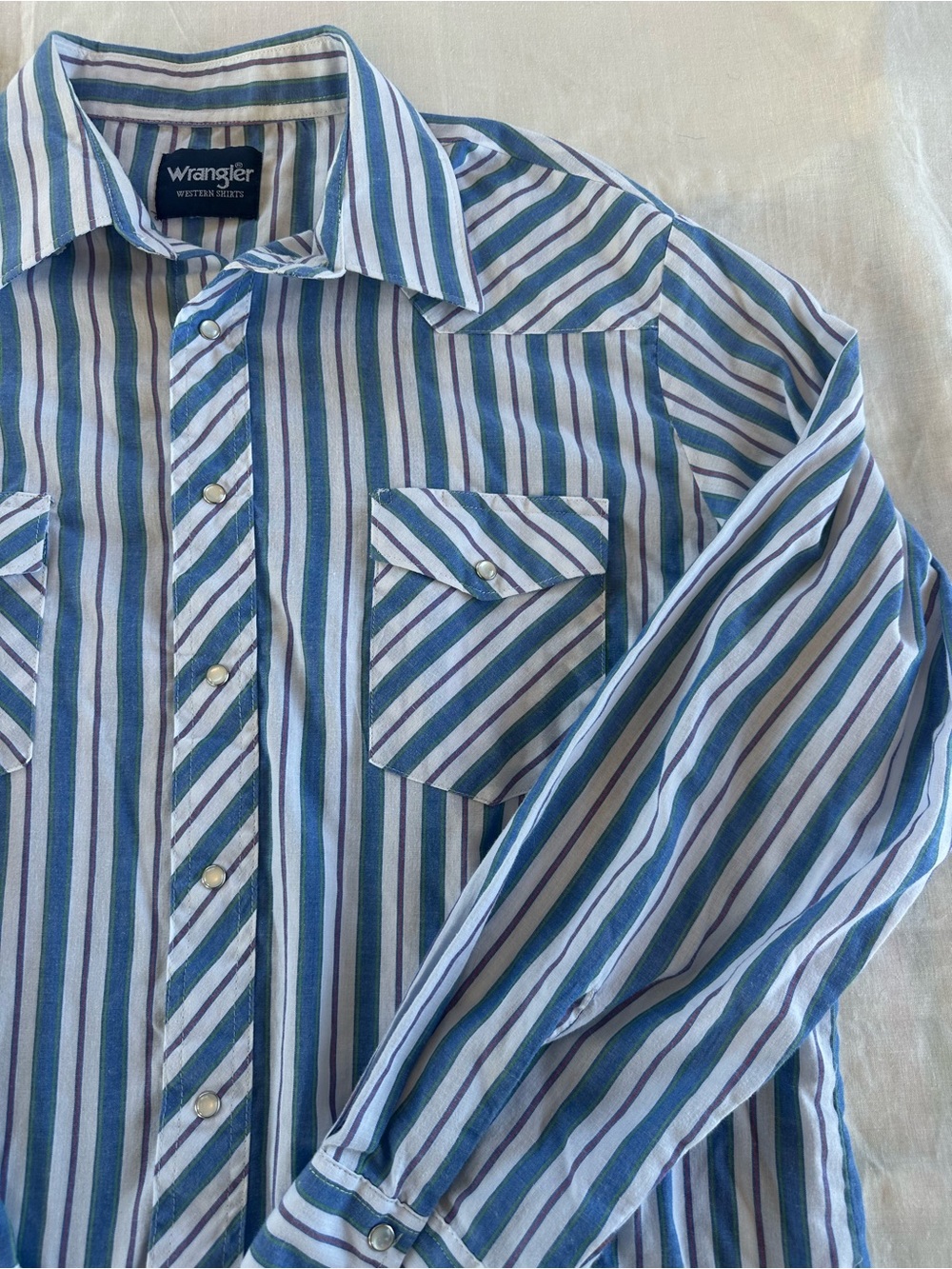 Wrangler Striped Pearl Snap Shirt in Blue and White